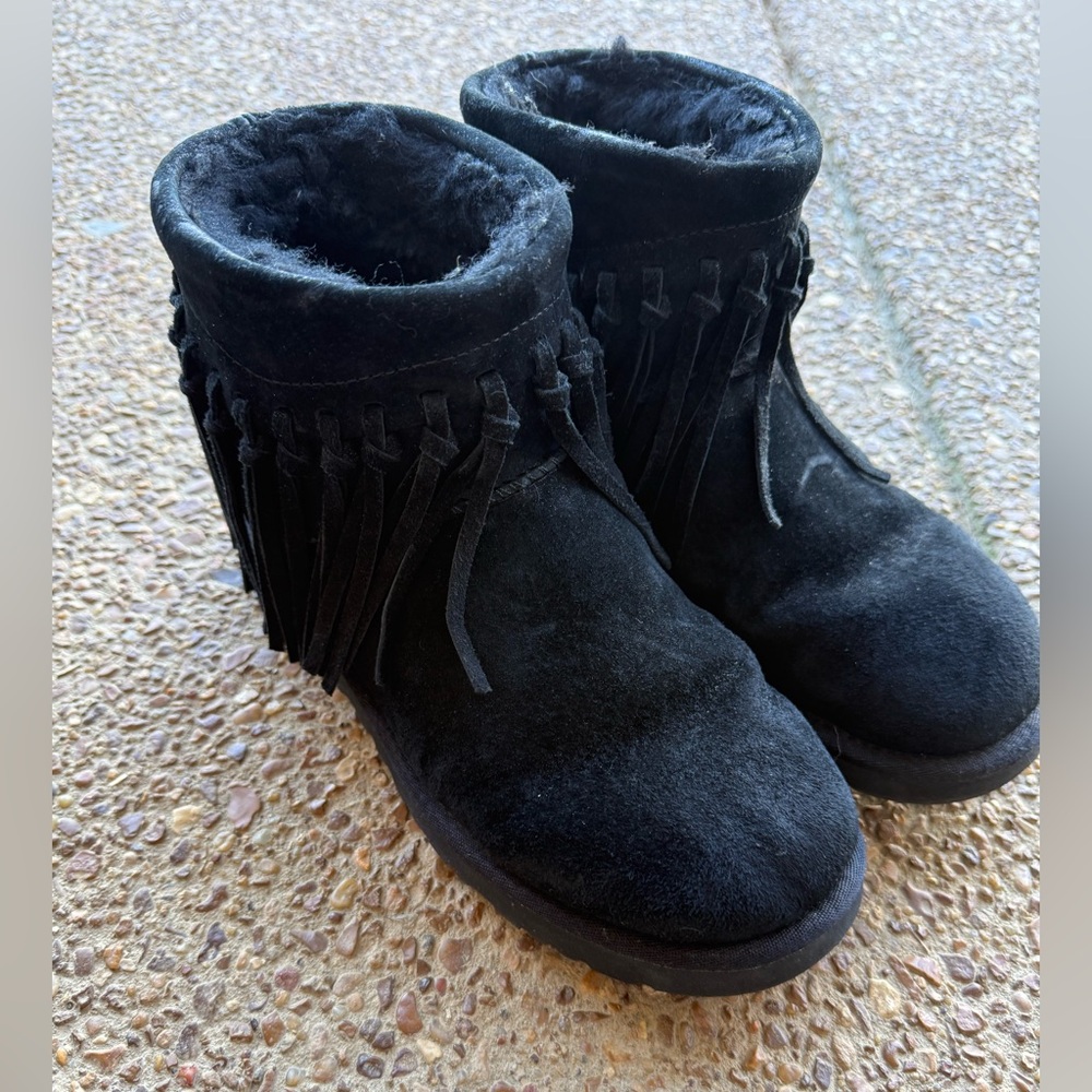 UGG Wynona Black Suede Fringe Ankle Boots